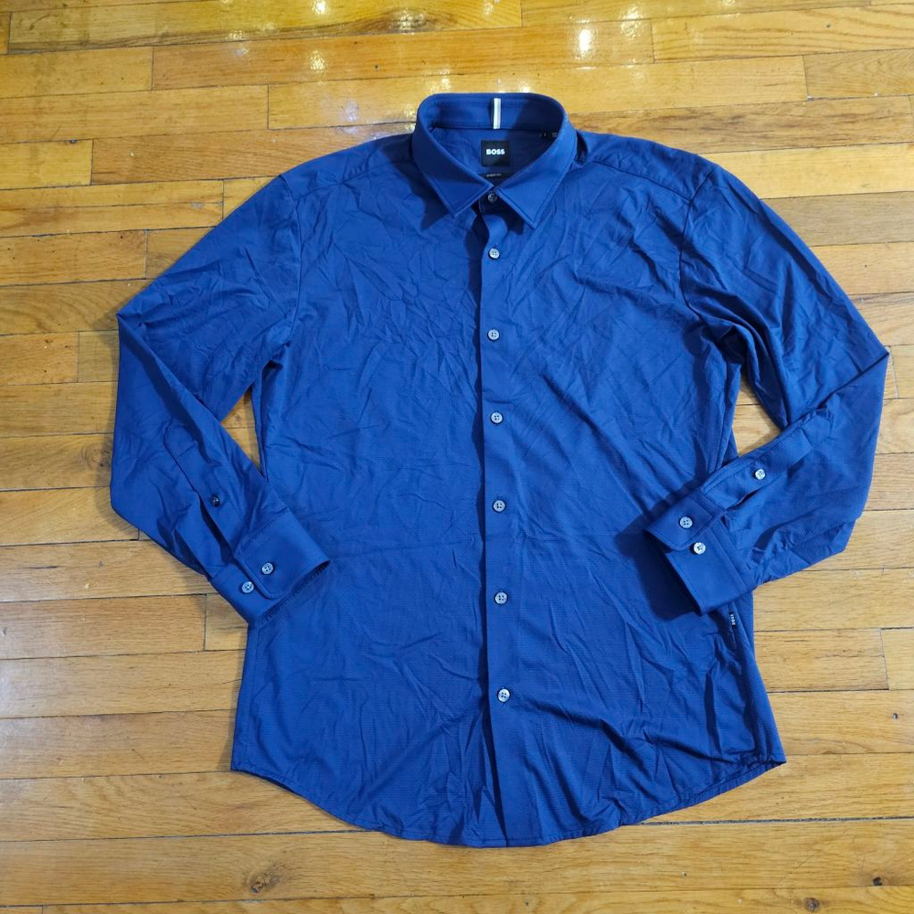 BOSS Men's Dress Shirt Blue Sharp Fit Long Sleeve Size Large